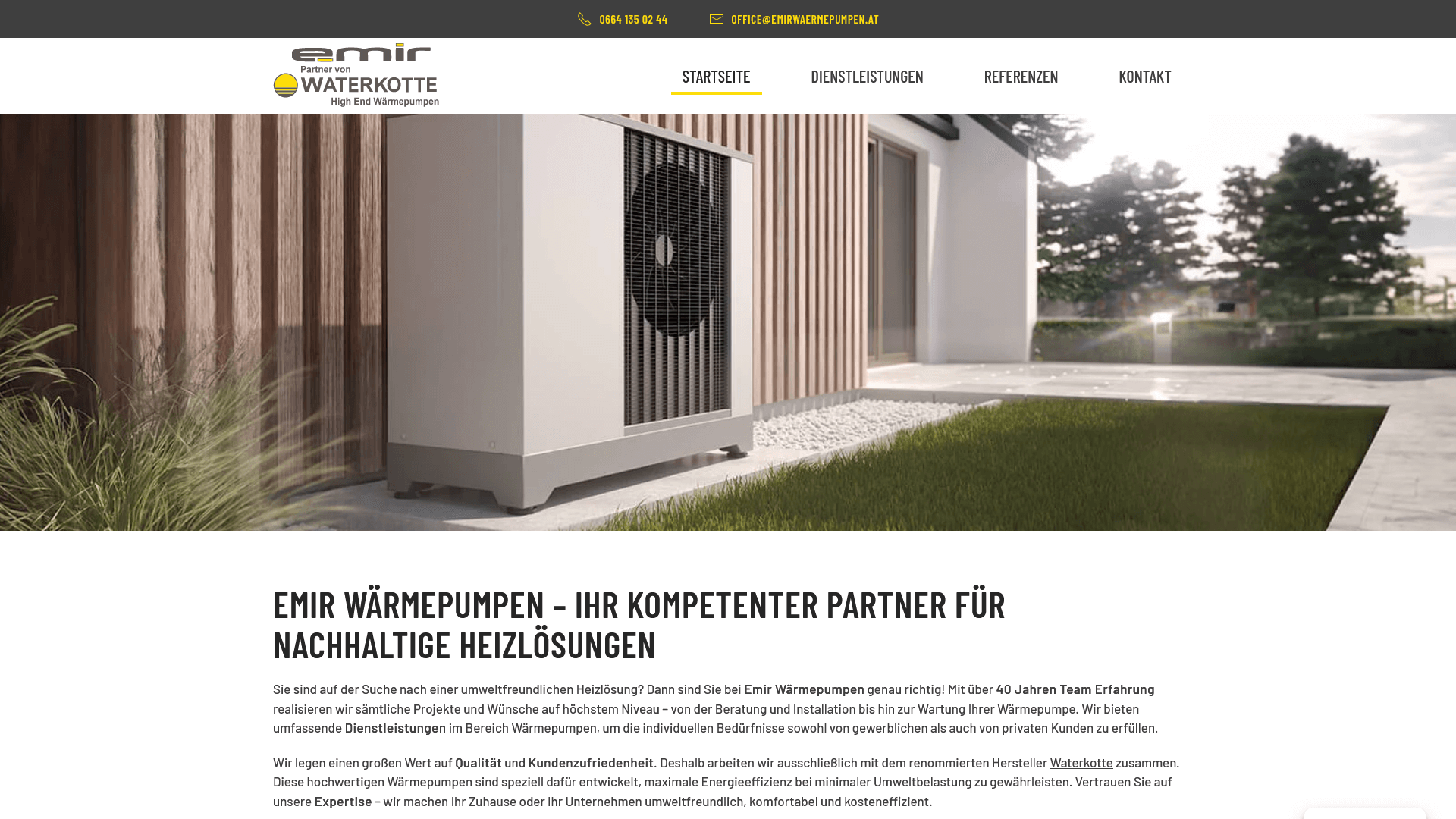 Professionelle Webseite von Emir Wärmepumpen aus Wien, die sich durch ein modernes und benutzerfreundliches Design auszeichnet und umfassende Dienstleistungen im Bereich nachhaltiger Heizlösungen bietet.